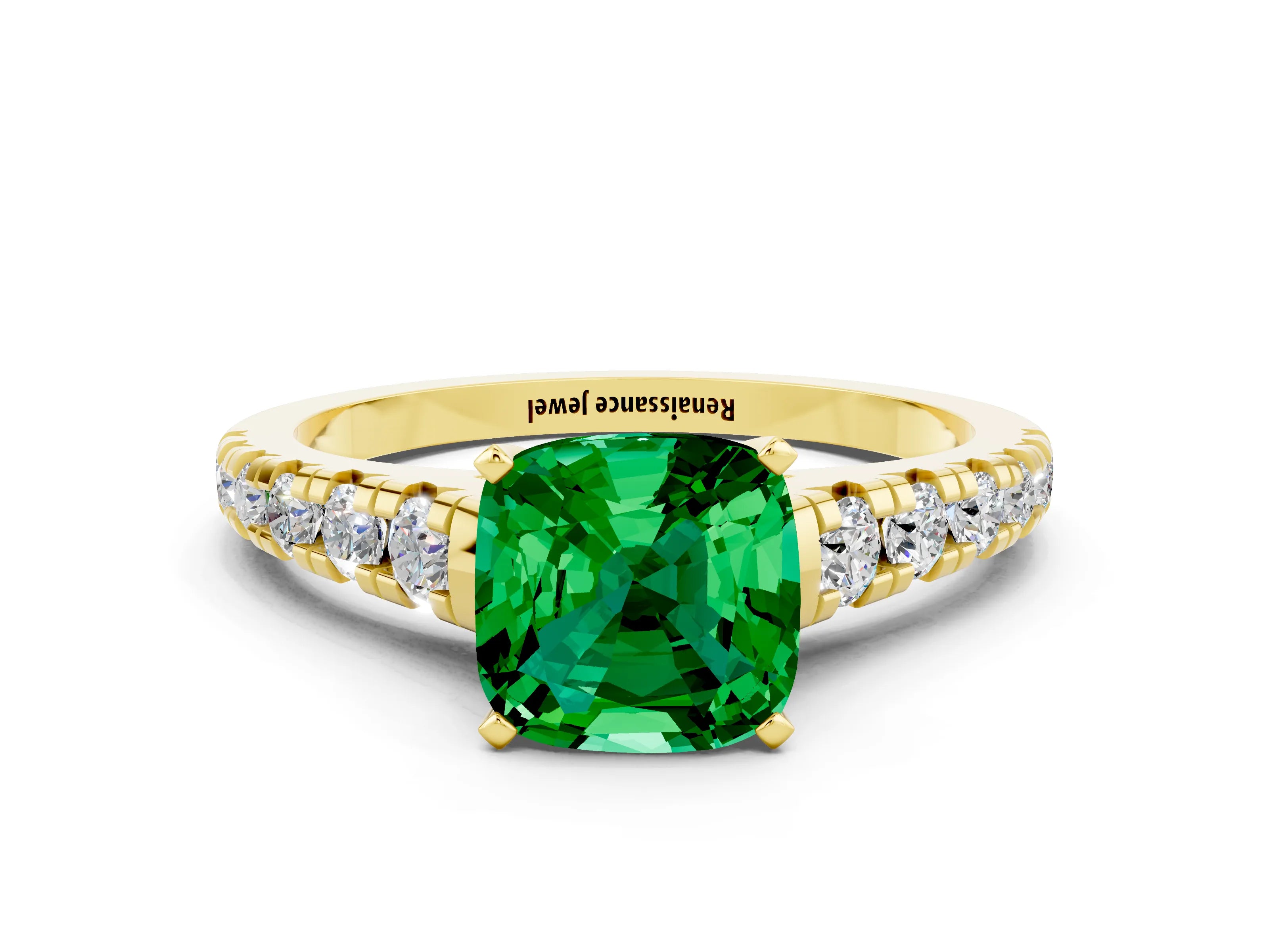 Yellow gold Cushion Cut Emerald Solitaire Ring with Cathedral Setting and Pavé Band