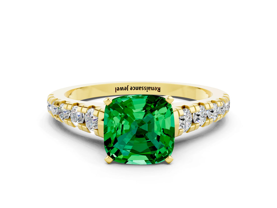 Yellow gold Cushion Cut Emerald Solitaire Ring with Cathedral Setting and Pavé Band
