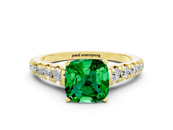 Yellow gold Cushion Cut Emerald Cathedral Solitaire Ring with Round  Pavé Band