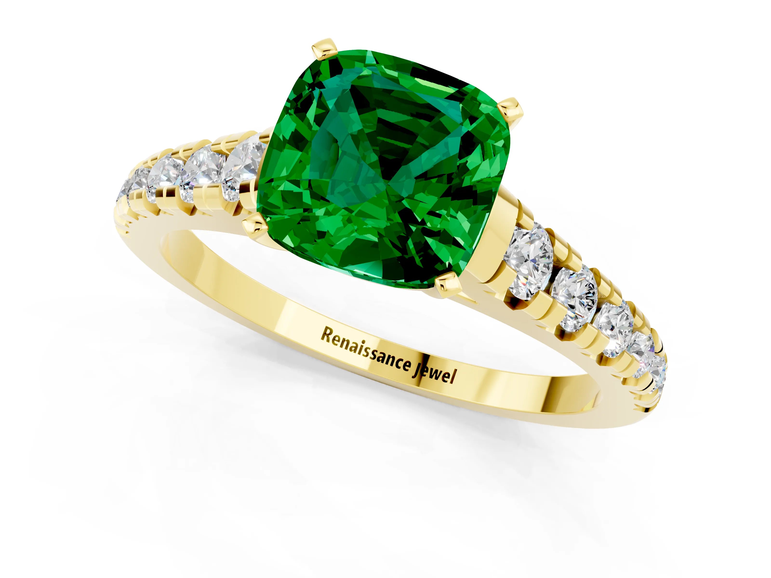 Yellow gold Cushion Cut Emerald Solitaire Ring with Cathedral Setting and Pavé Band_1
