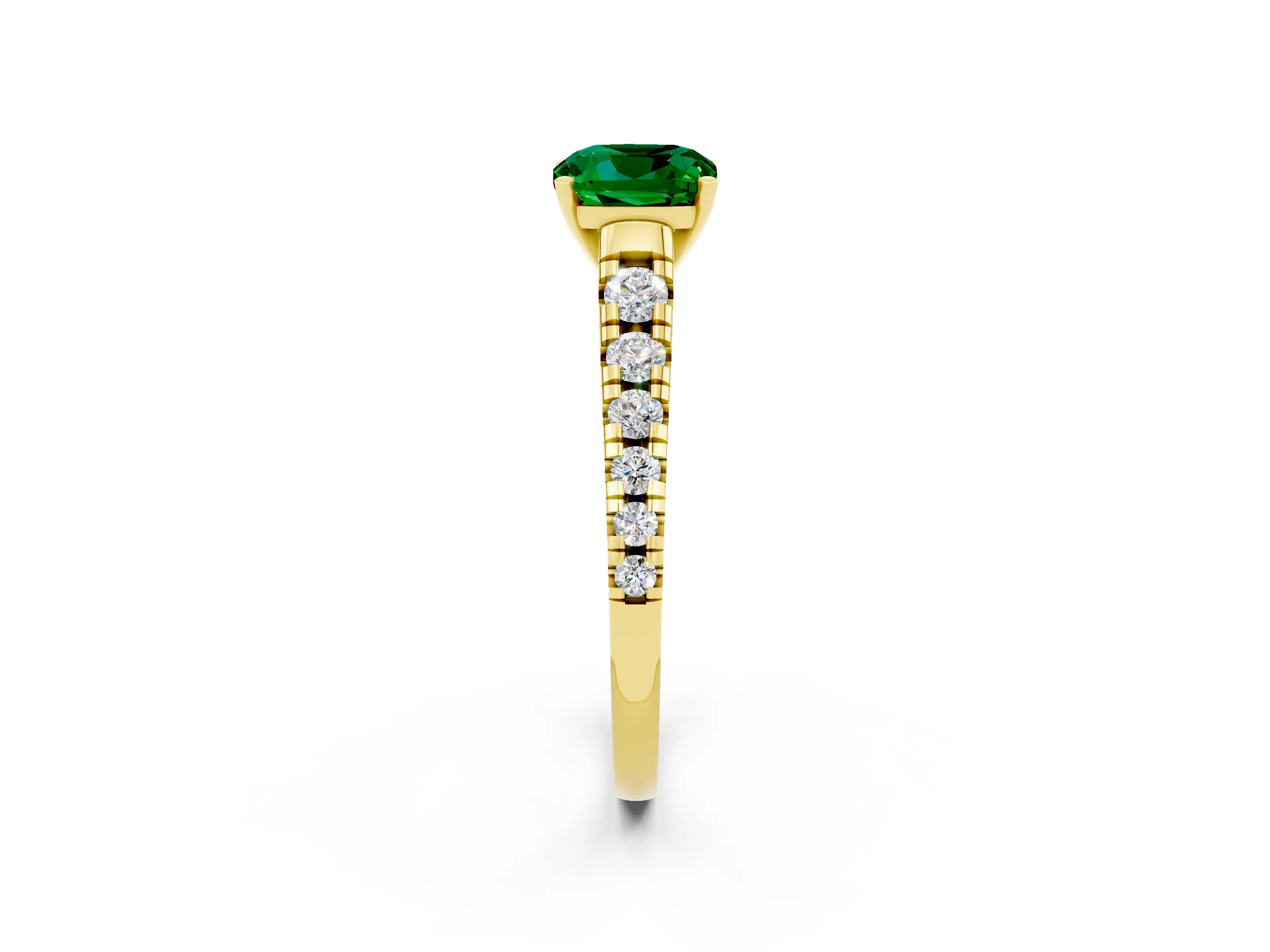 Yellow gold Cushion Cut Emerald Solitaire Ring with Cathedral Setting and Pavé Band_2