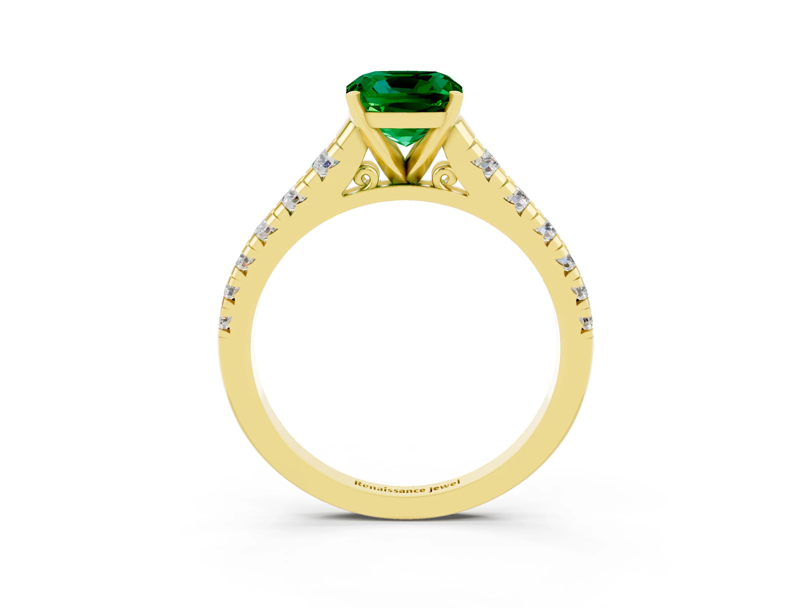 Yellow gold Cushion Cut Emerald Solitaire Ring with Cathedral Setting and Pavé Band_3