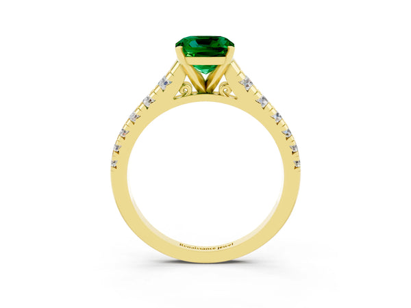 Yellow gold Cushion Cut Emerald Cathedral Solitaire Ring with Round  Pavé Band
