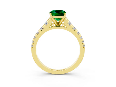 Yellow gold Cushion Cut Emerald Solitaire Ring with Cathedral Setting and Pavé Band_3