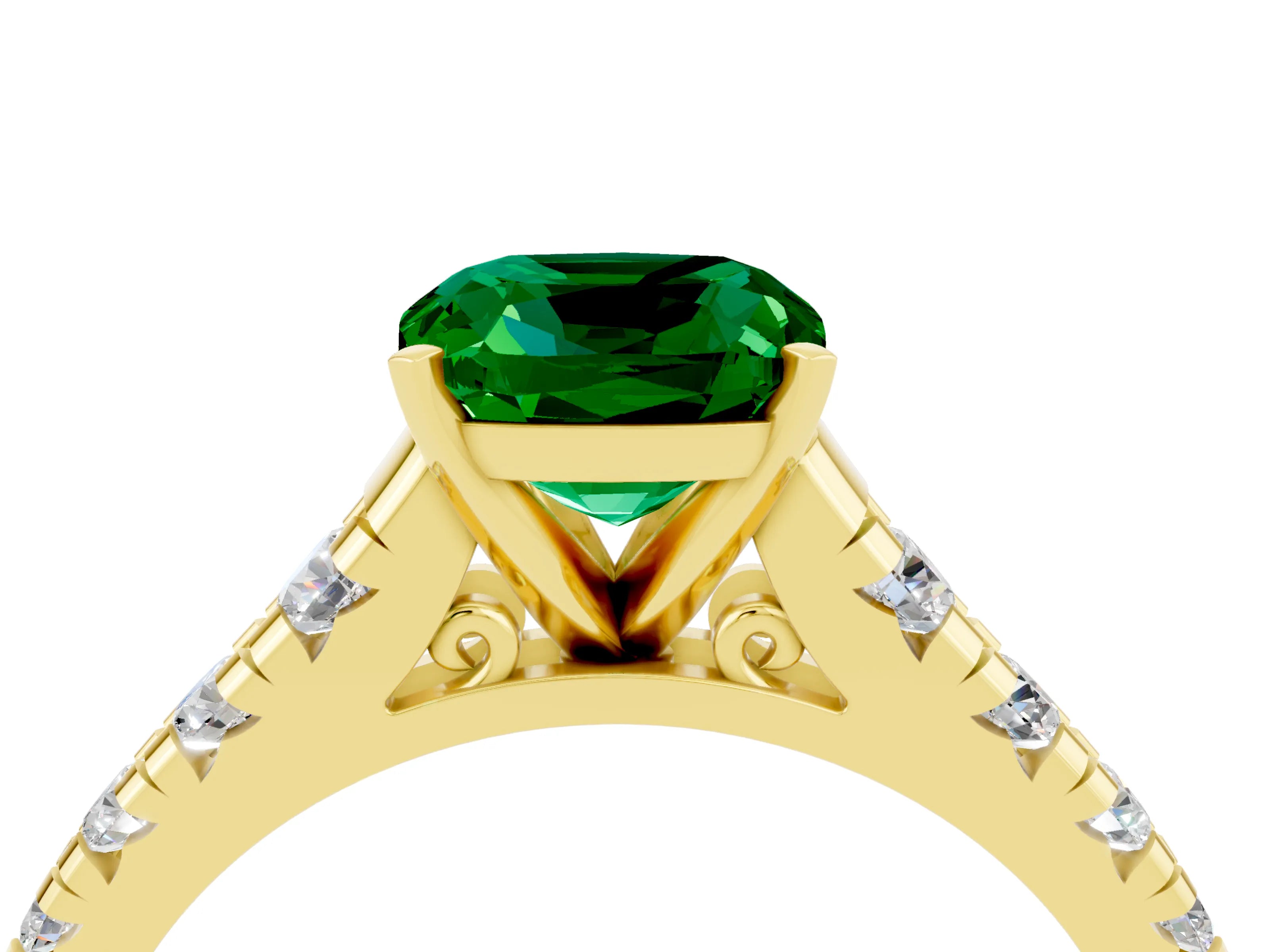 Yellow gold Cushion Cut Emerald Solitaire Ring with Cathedral Setting and Pavé Band_4