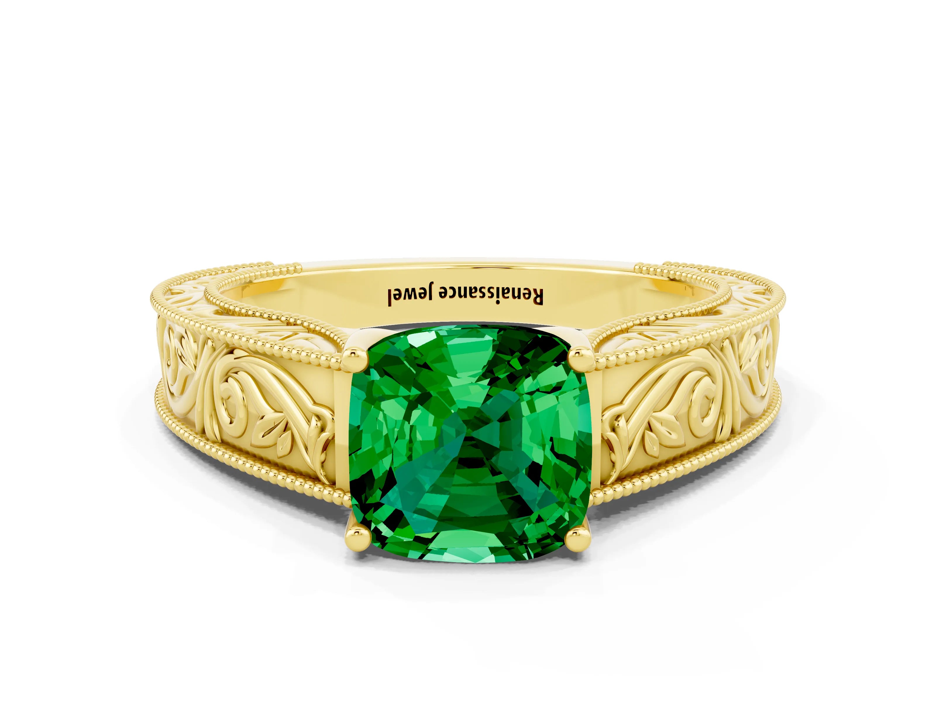 Yellow gold Cushion Cut Emerald Solitaire Ring with Engraved Band and Four-Prong Setting