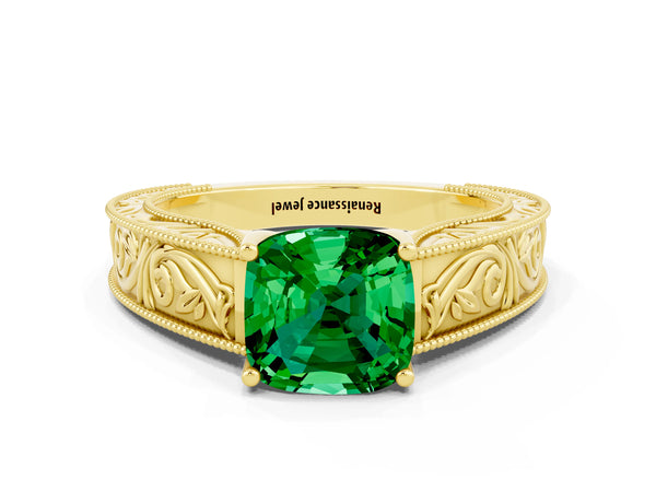 Yellow gold Cushion Cut Emerald Solitaire Ring with Engraved Band and Four-Prong Setting