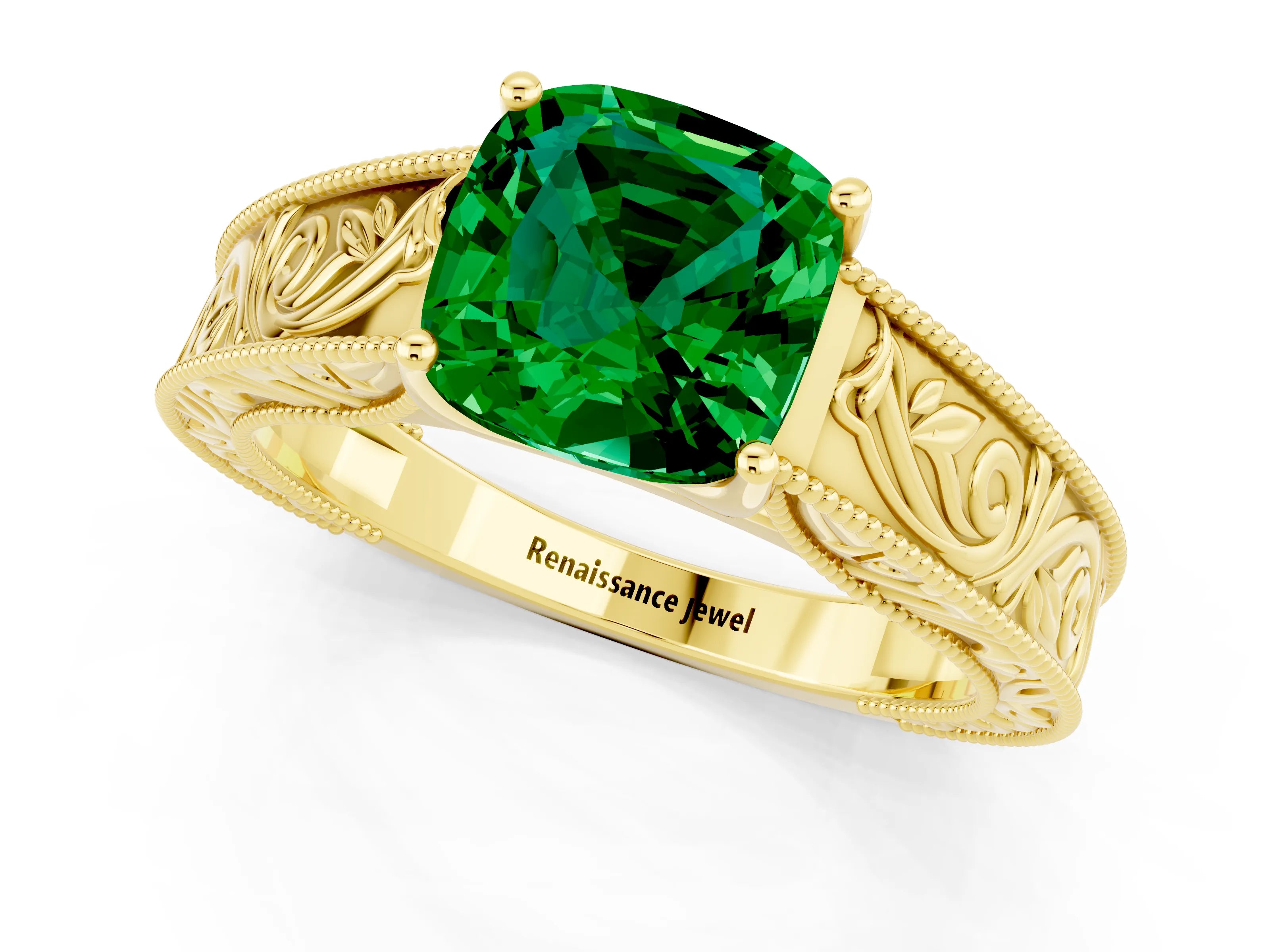 Yellow gold Cushion Cut Emerald Solitaire Ring with Engraved Band and Four-Prong Setting_1