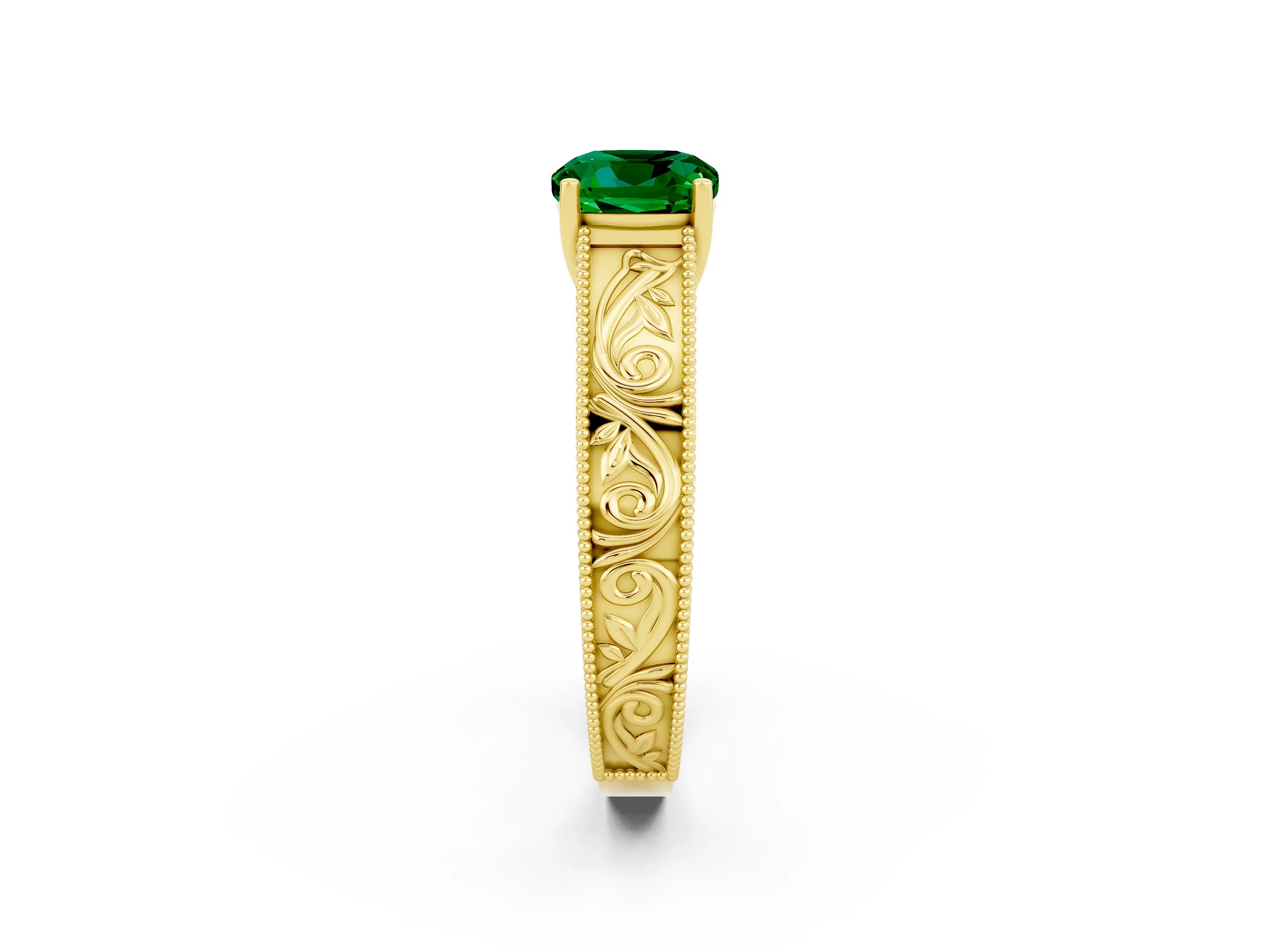 Yellow gold Cushion Cut Emerald Solitaire Ring with Engraved Band and Four-Prong Setting_2