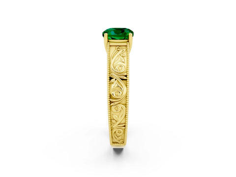 Yellow gold Cushion Cut Emerald Solitaire Ring with Engraved Band and Four-Prong Setting_2