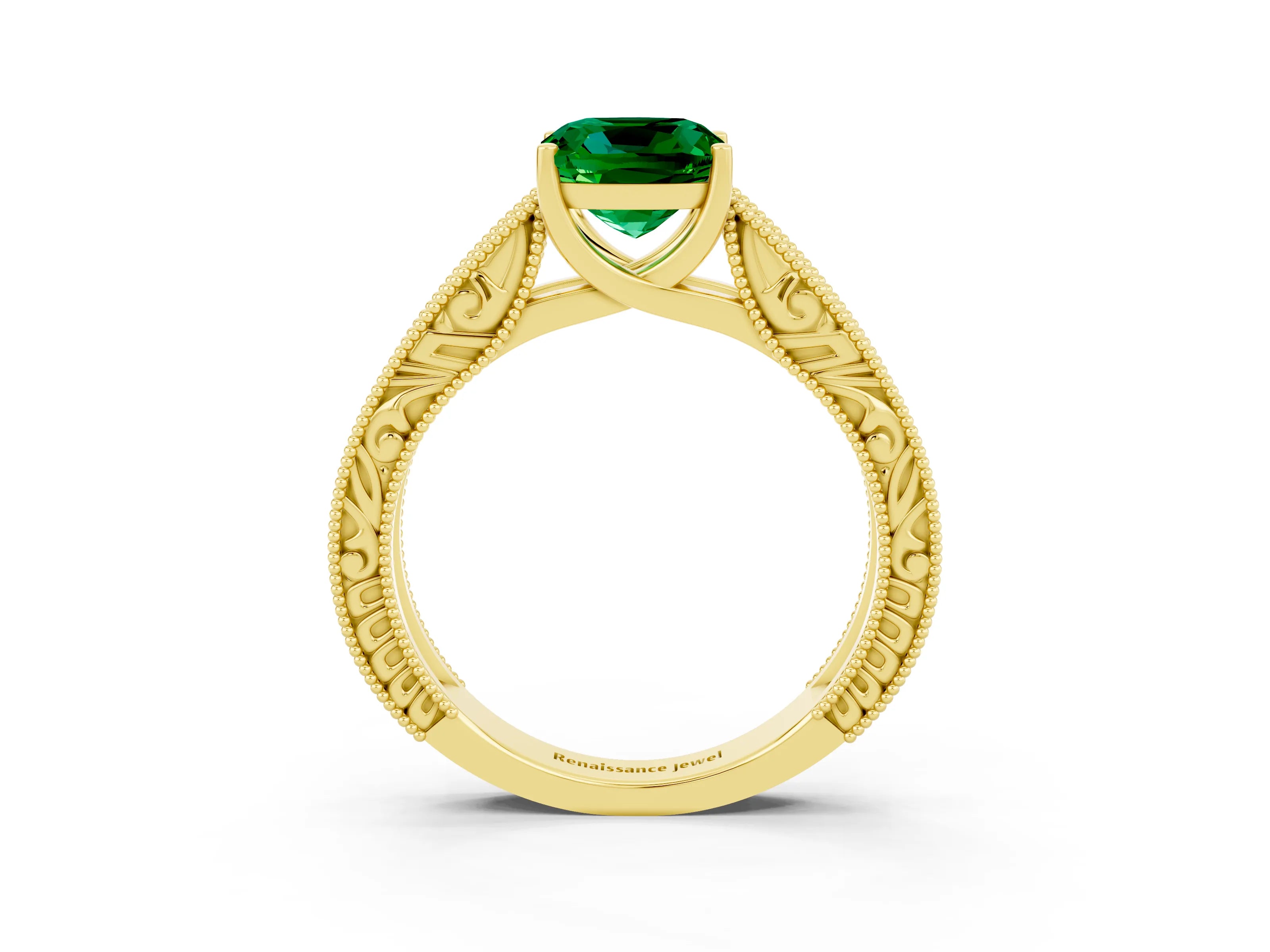 Yellow gold Cushion Cut Emerald Solitaire Ring with Engraved Band and Four-Prong Setting_3