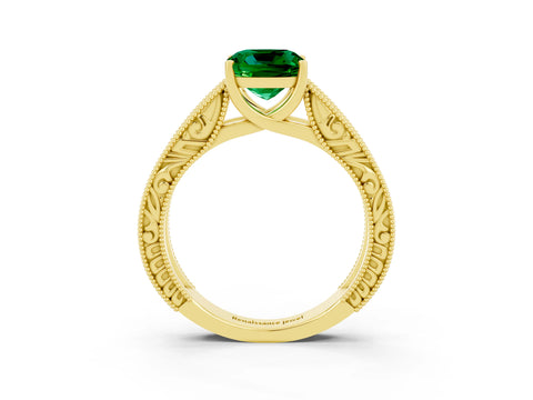 Yellow gold Cushion Cut Emerald Solitaire Ring with Engraved Band and Four-Prong Setting_3