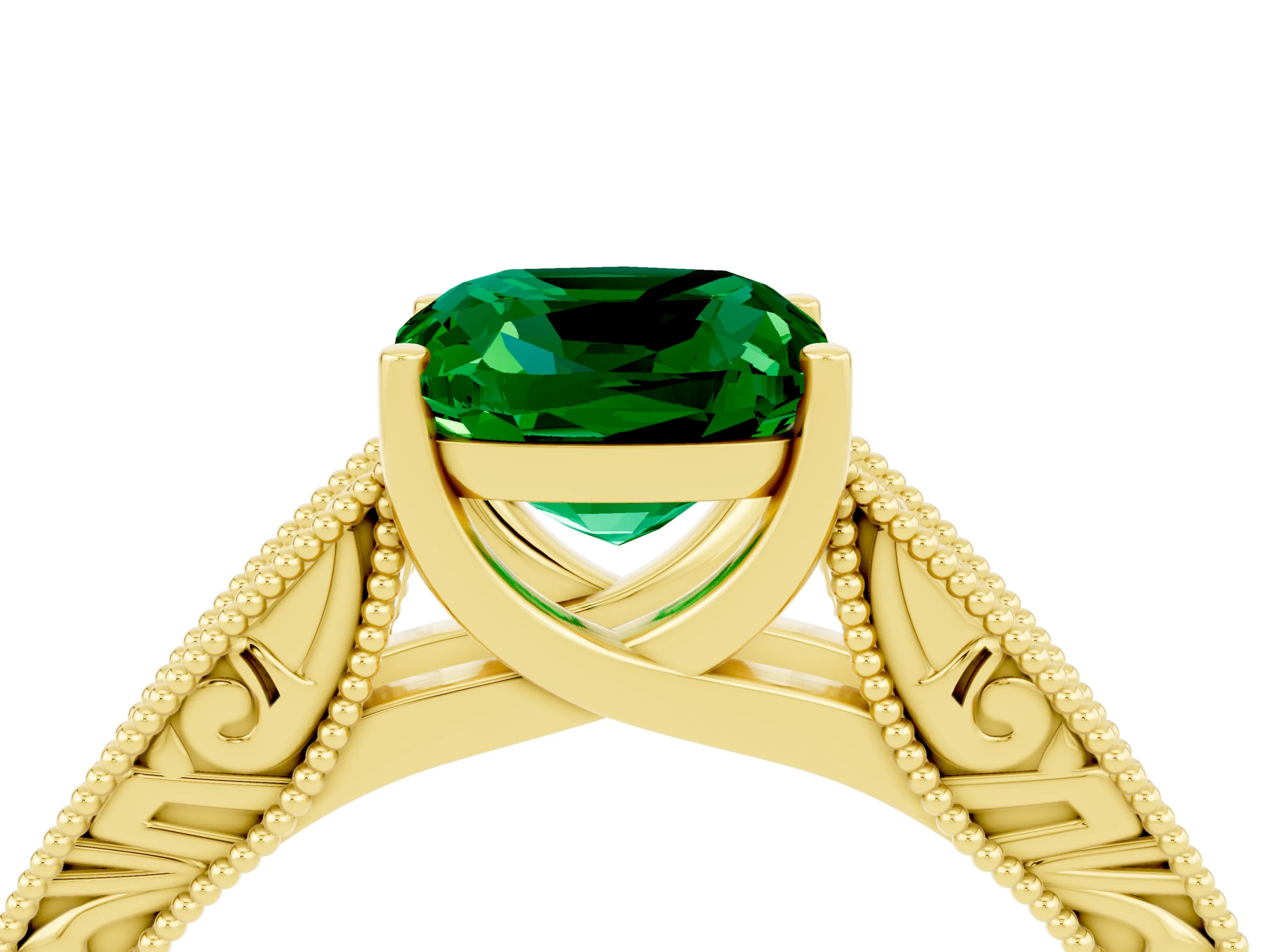 Yellow gold Cushion Cut Emerald Solitaire Ring with Engraved Band and Four-Prong Setting_4