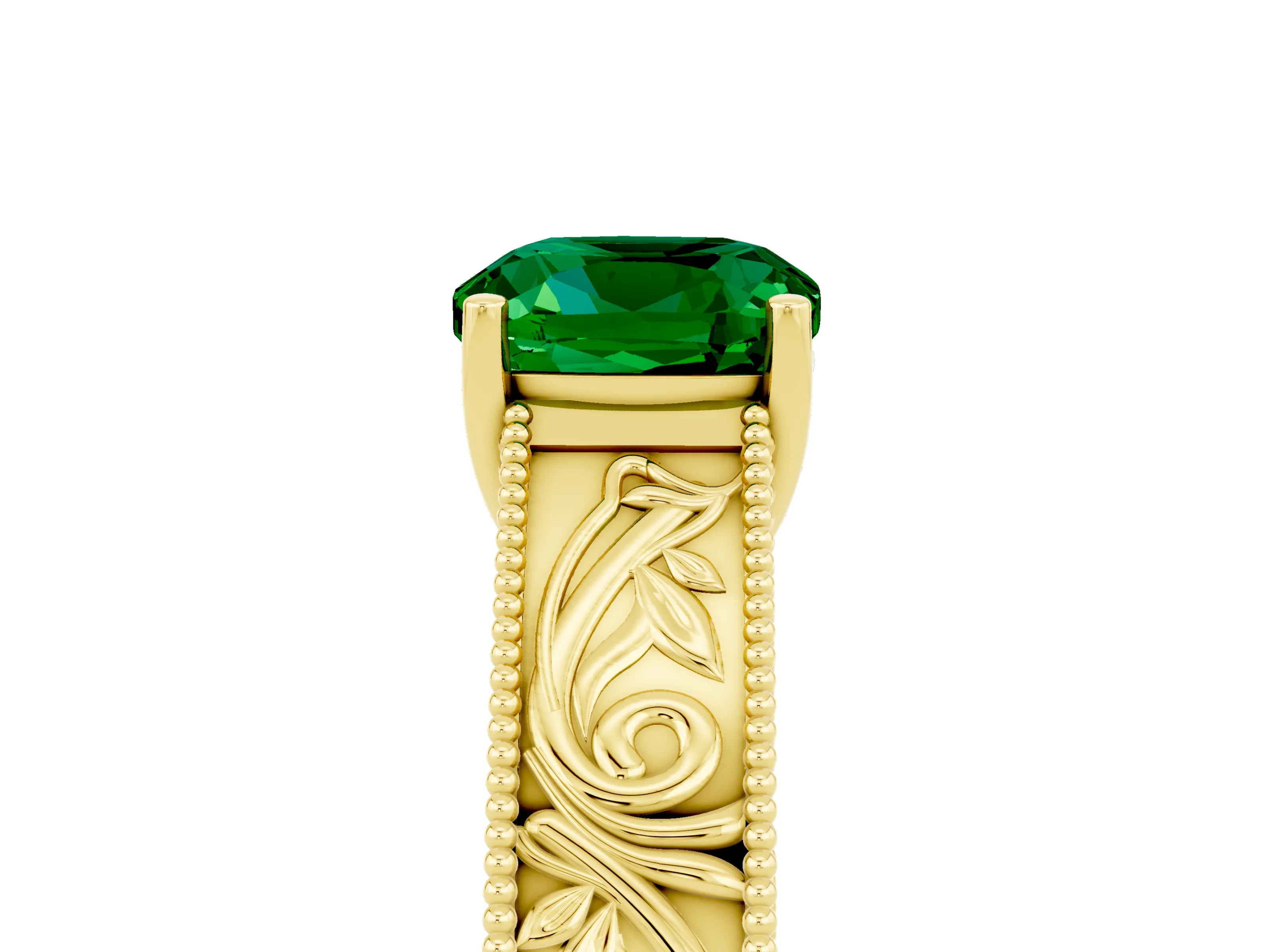 Yellow gold Cushion Cut Emerald Solitaire Ring with Engraved Band and Four-Prong Setting_5