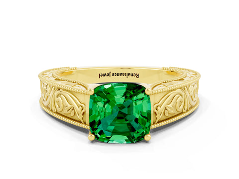 Yellow gold Cushion Cut Emerald Solitaire Ring with Engraved Band and Four-Prong Setting