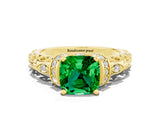 Yellow gold Cushion Cut Emerald Solitaire Ring with Filigree Band and Four-Prong Setting_24