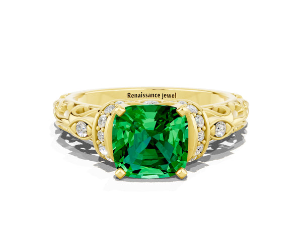 Yellow gold Cushion Cut Emerald Solitaire Ring with Filigree Band and Four-Prong Setting
