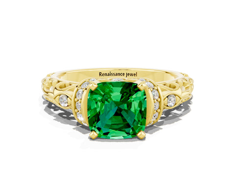 Yellow gold Cushion Cut Emerald Solitaire Ring with Filigree Band and Four-Prong Setting_24