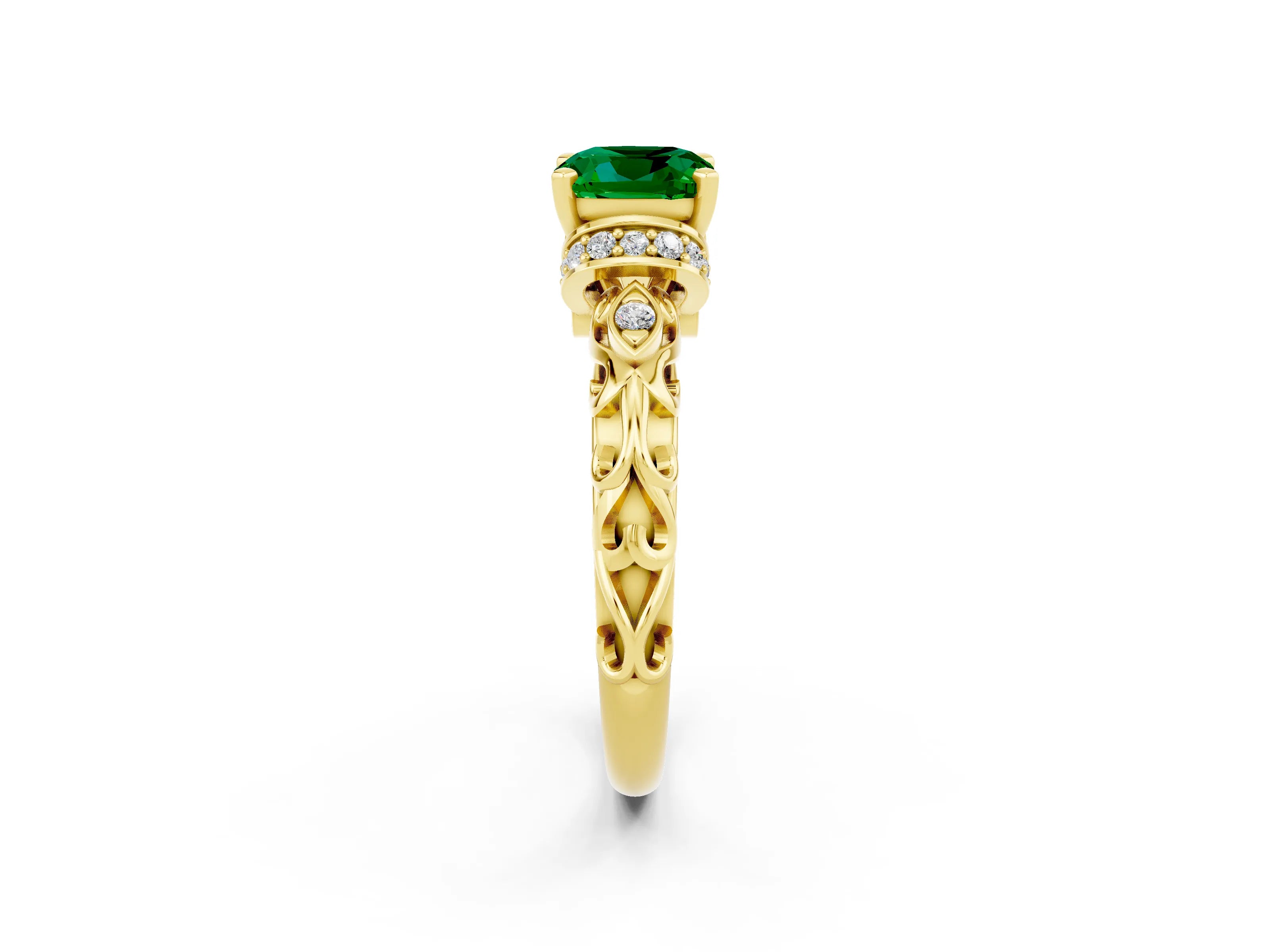 Yellow gold Cushion Cut Emerald Solitaire Ring with Filigree Band and Four-Prong Setting_25