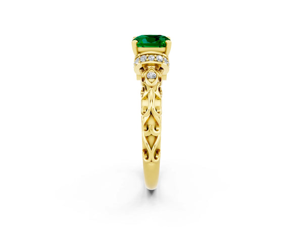 Yellow gold Cushion Cut Emerald Solitaire Ring with Filigree Band and Four-Prong Setting
