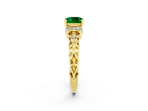 Yellow gold Cushion Cut Emerald Solitaire Ring with Filigree Band and Four-Prong Setting_25