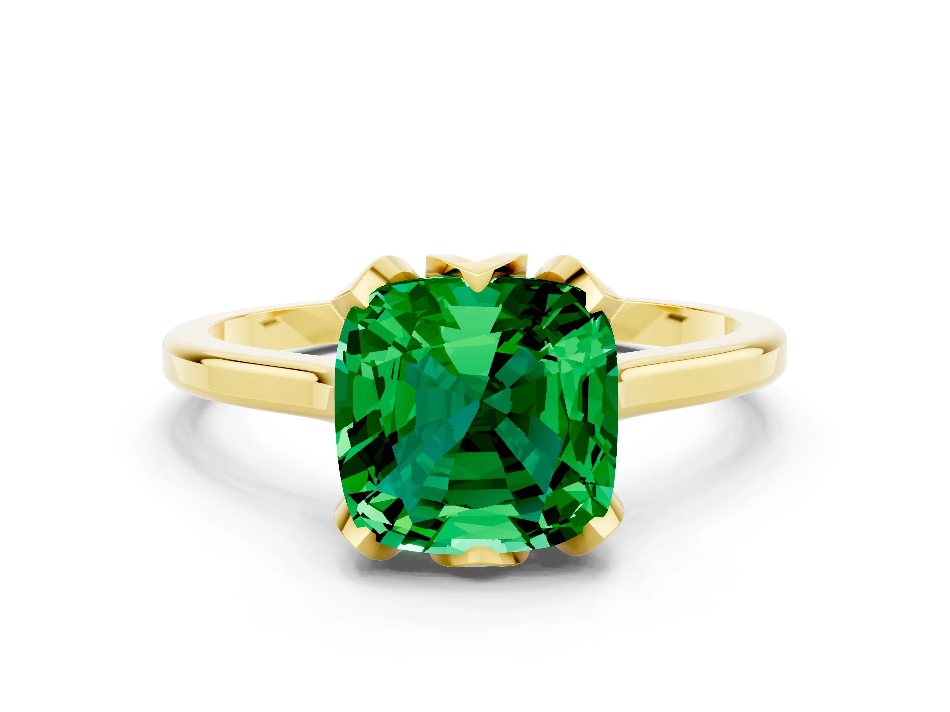 Yellow gold Cushion Cut Emerald Solitaire Ring with Flower Prong Setting and Classic Band_12