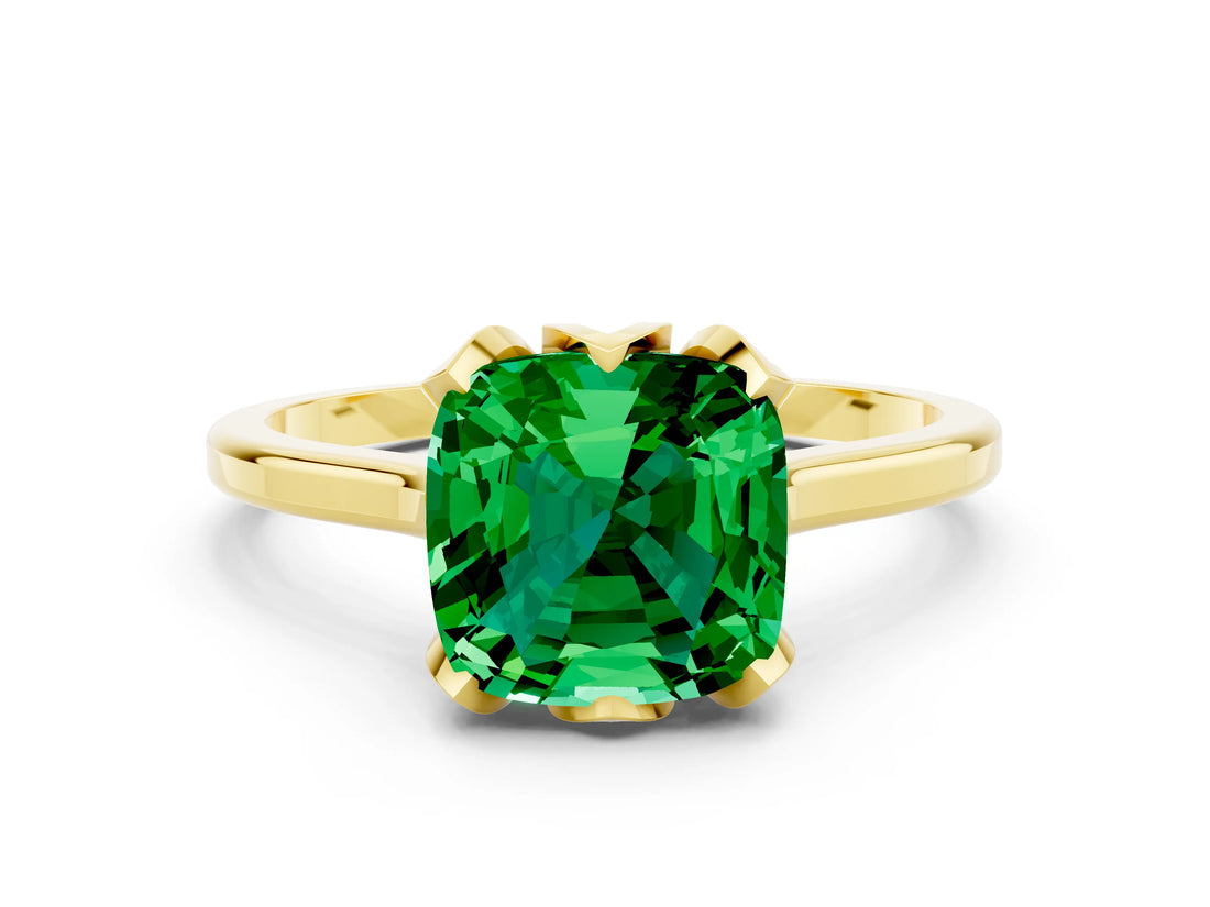 Yellow gold Cushion Cut Emerald Solitaire Ring with Flower Prong Setting and Classic Band_12