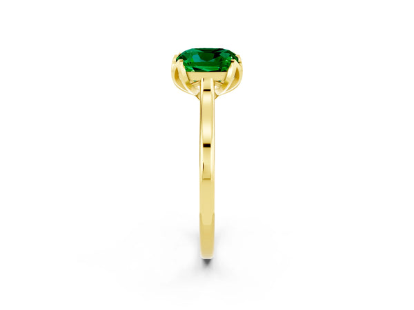 Yellow gold Cushion Cut Emerald Solitaire Ring with Flower Prong Setting and Classic Band