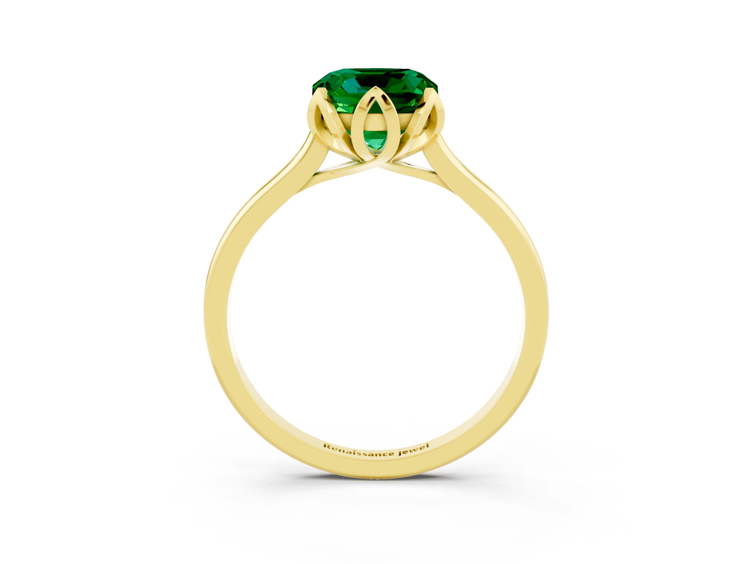 Yellow gold Cushion Cut Emerald Solitaire Ring with Flower Prong Setting and Classic Band_15