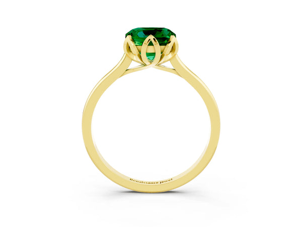 Yellow gold Cushion Cut Emerald Solitaire Ring with Flower Prong Setting and Classic Band