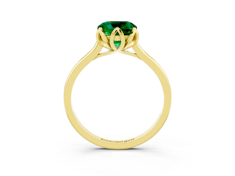 Yellow gold Cushion Cut Emerald Solitaire Ring with Flower Prong Setting and Classic Band_15