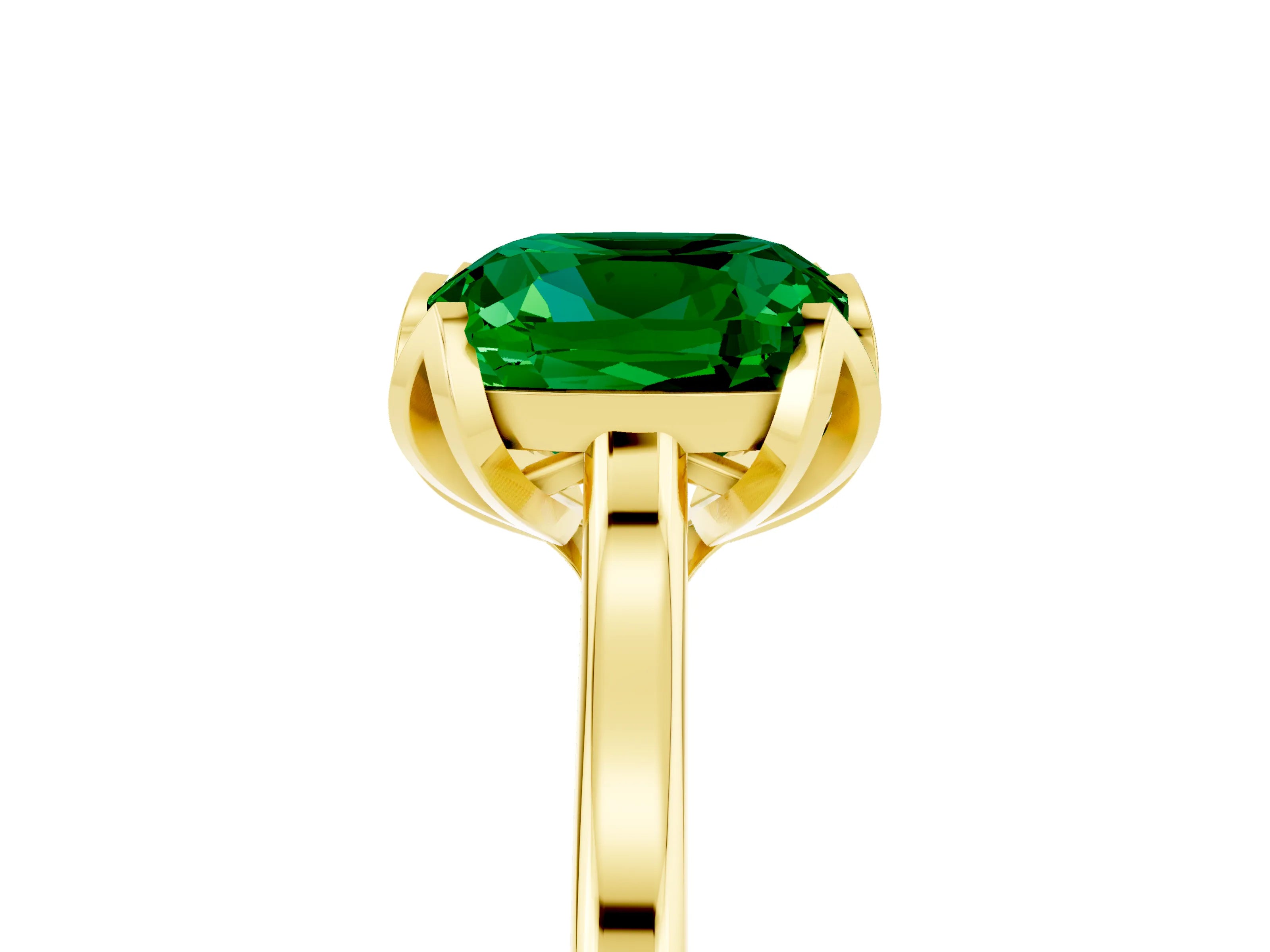 Yellow gold Cushion Cut Emerald Solitaire Ring with Flower Prong Setting and Classic Band_17