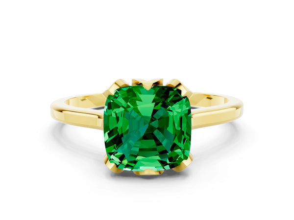 Yellow gold Cushion Cut Emerald Solitaire Ring with Flower Prong Setting and Classic Band