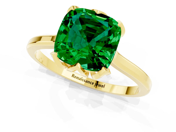 Yellow gold Cushion Cut Emerald Solitaire Ring with Flower Prong Setting and Classic Band