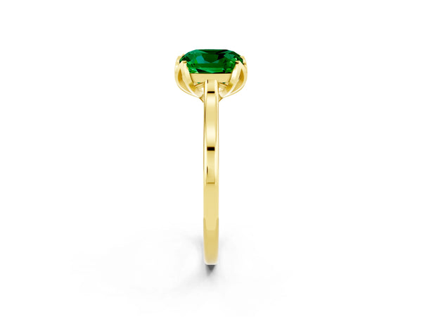 Yellow gold Cushion Cut Emerald Solitaire Ring with Flower Prong Setting and Classic Band