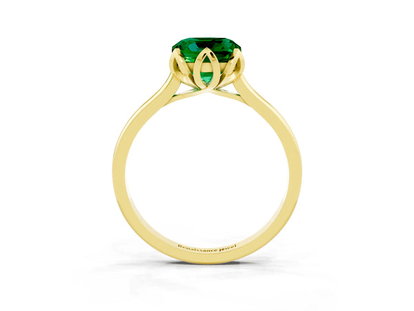 Yellow gold Cushion Cut Emerald Solitaire Ring with Flower Prong Setting and Classic Band