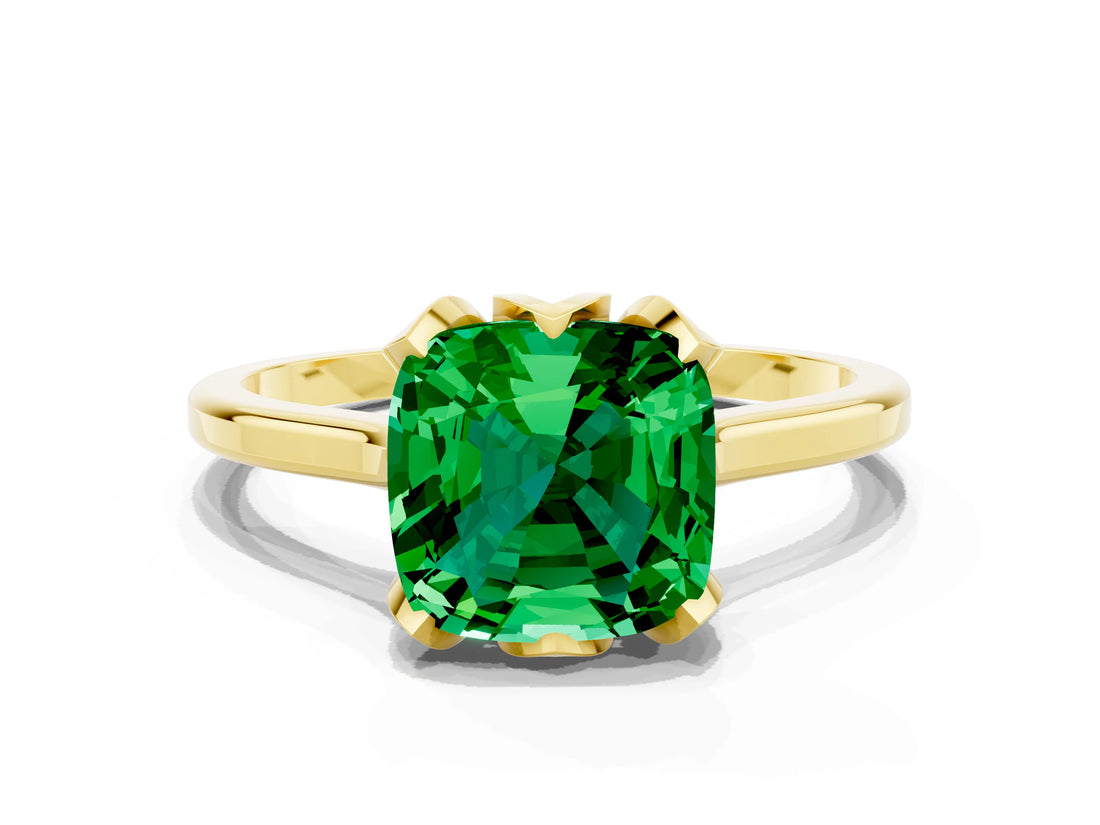 Yellow gold Cushion Cut Emerald Solitaire Ring with Flower Prong Setting and Classic Band_36