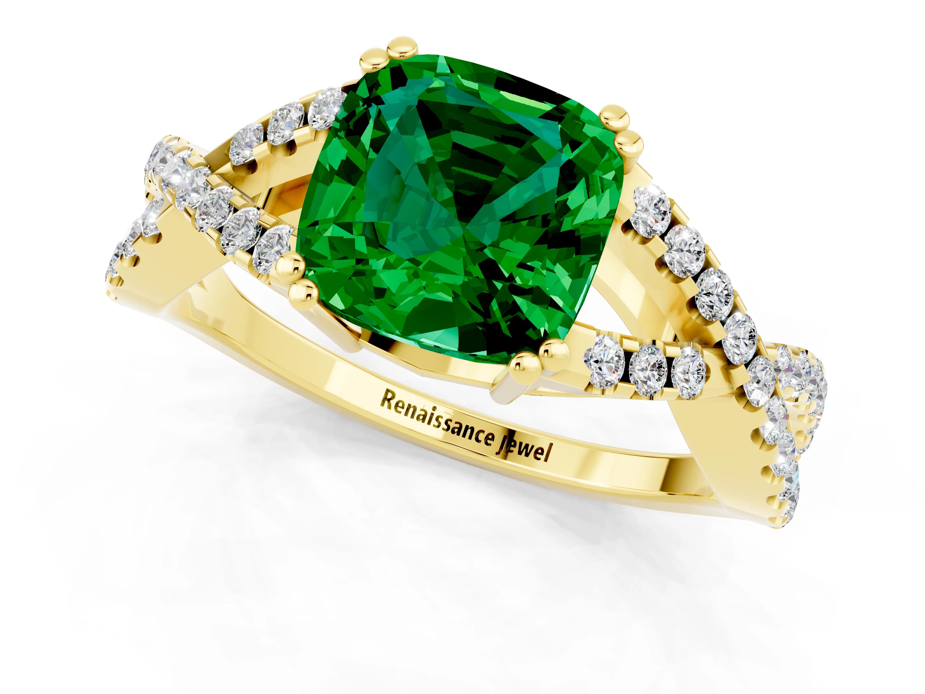 Yellow gold Cushion Cut Emerald Solitaire Ring with Four-Prong Setting and Twisted Pavé Band_1