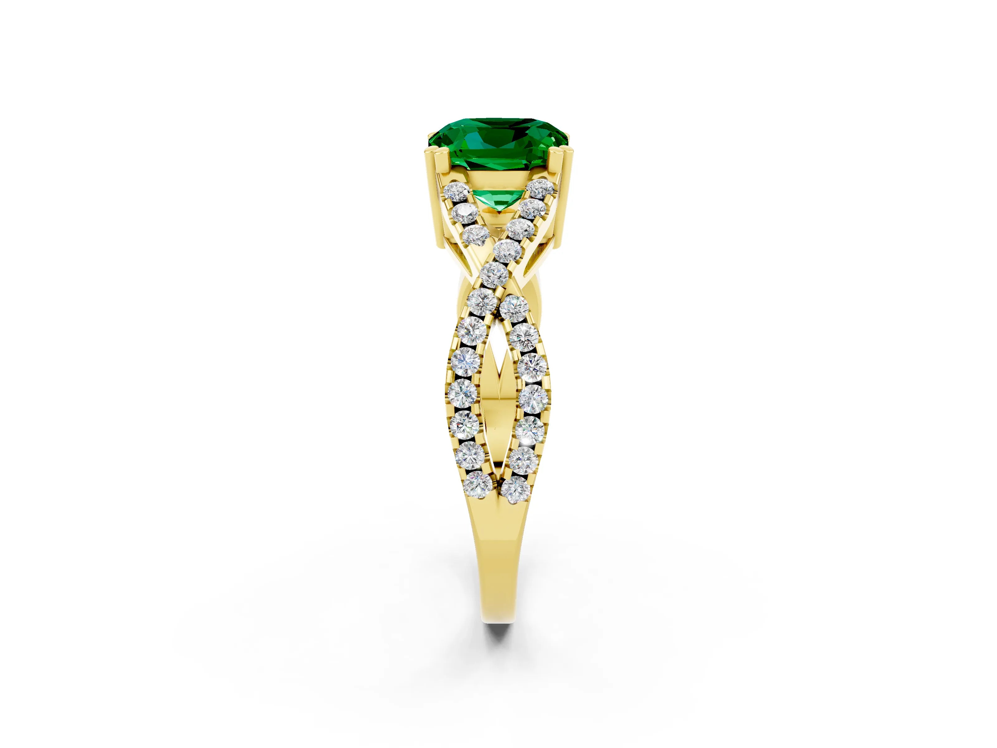 Yellow gold Cushion Cut Emerald Solitaire Ring with Four-Prong Setting and Twisted Pavé Band_2