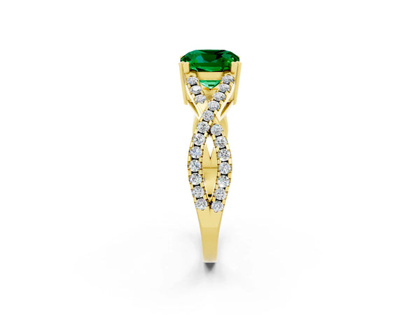 Yellow gold Cushion Cut Emerald Solitaire Ring with Four-Prong Setting and Twisted Pavé Band