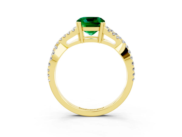 Yellow gold Cushion Cut Emerald Solitaire Ring with Four-Prong Setting and Twisted Pavé Band