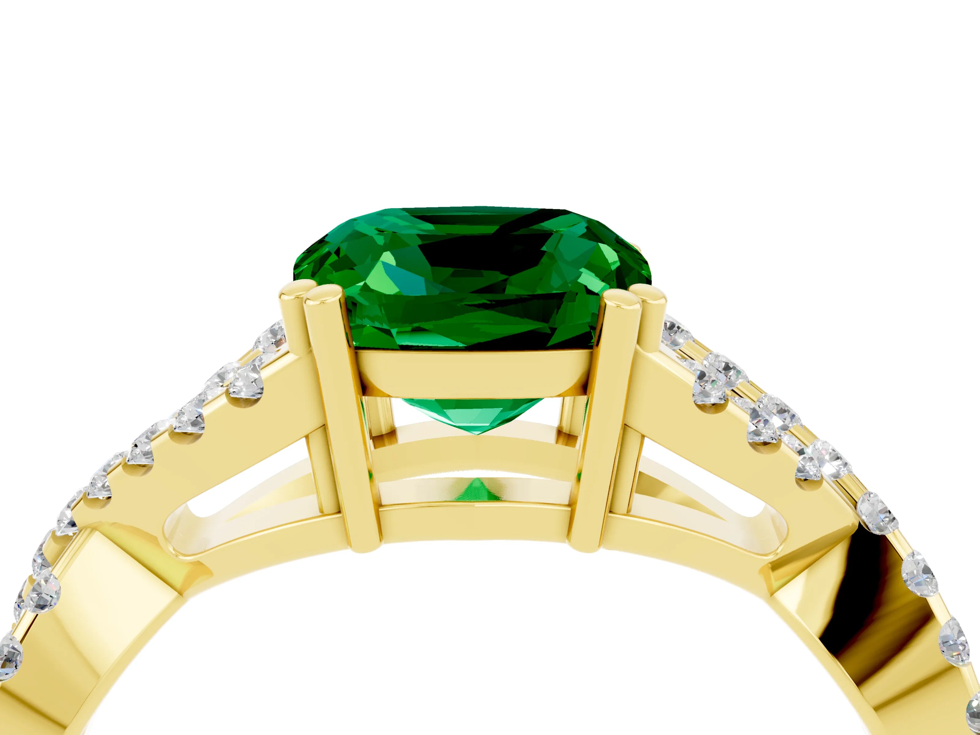 Yellow gold Cushion Cut Emerald Solitaire Ring with Four-Prong Setting and Twisted Pavé Band_4