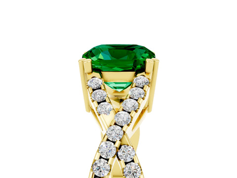 Yellow gold Cushion Cut Emerald Solitaire Ring with Four-Prong Setting and Twisted Pavé Band_5