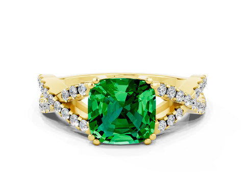 Yellow gold Cushion Cut Emerald Solitaire Ring with Four-Prong Setting and Twisted Pavé Band