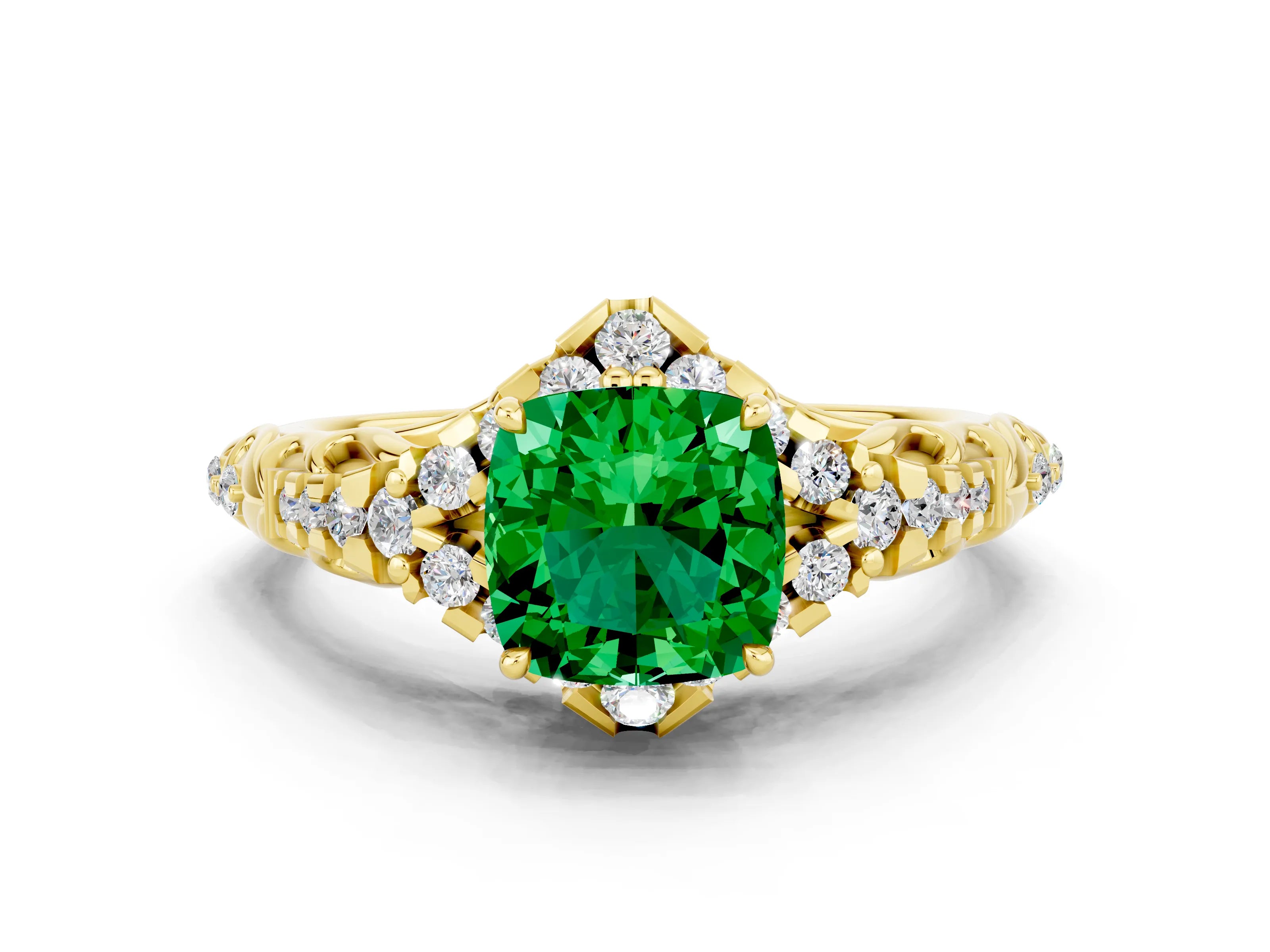 Yellow gold Cushion Cut Emerald Solitaire Ring with Hidden Halo and Pavé Band_12