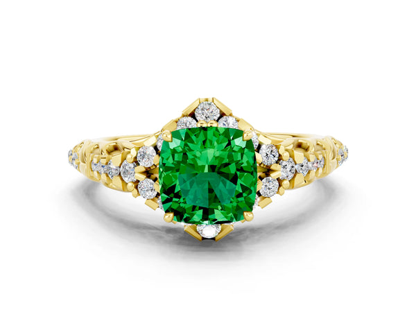 Yellow gold Cushion Cut Emerald Solitaire Ring with Hidden Halo and Pavé Band
