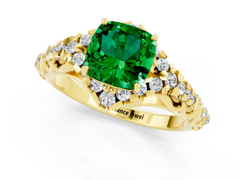 Yellow gold Cushion Cut Emerald Solitaire Ring with Hidden Halo and Pavé Band_13