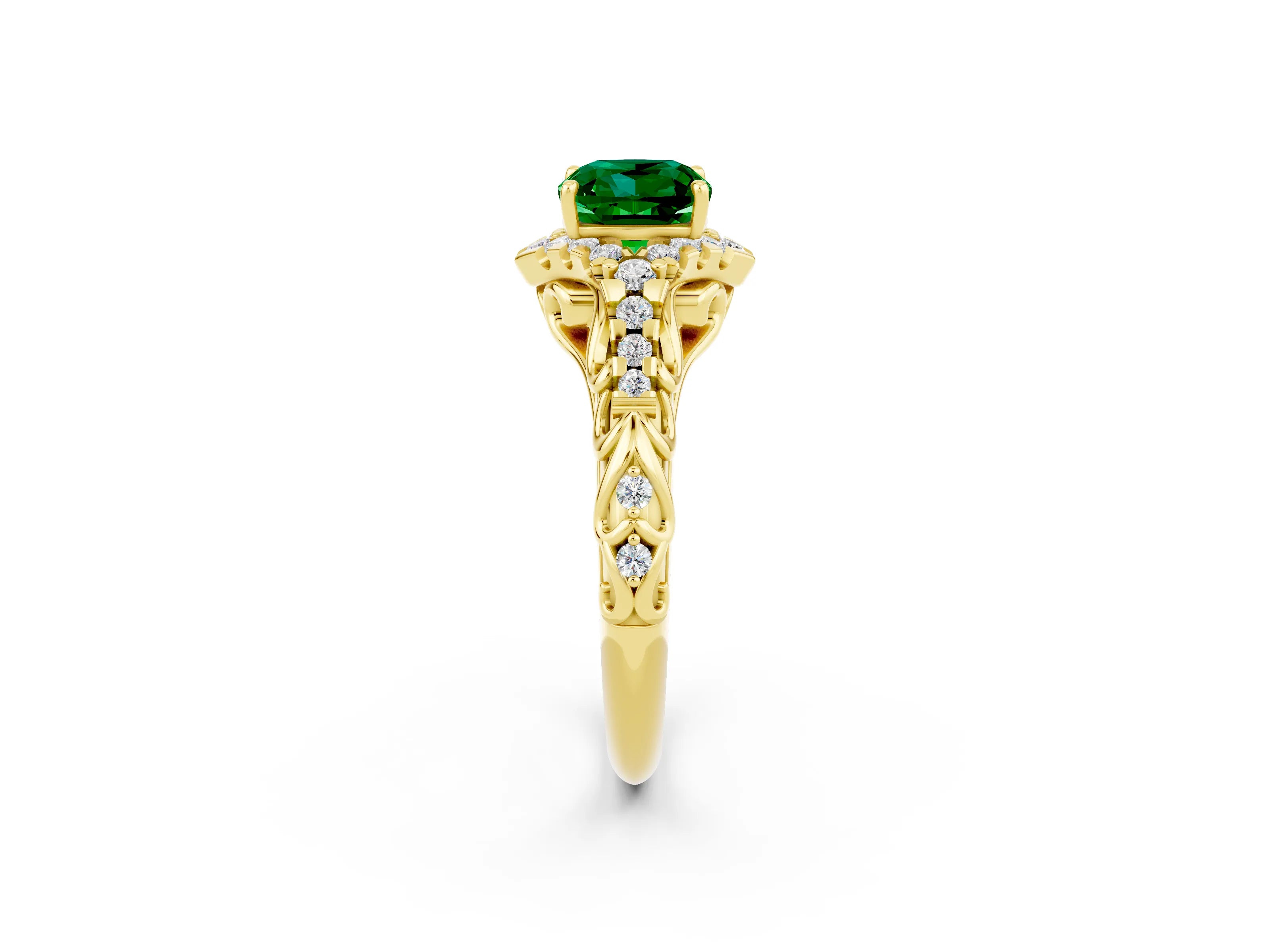 Yellow gold Cushion Cut Emerald Solitaire Ring with Hidden Halo and Pavé Band_14