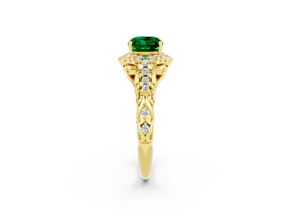 Yellow gold Cushion Cut Emerald Solitaire Ring with Hidden Halo and Pavé Band