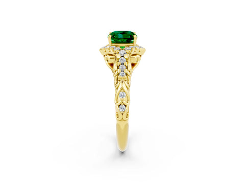 Yellow gold Cushion Cut Emerald Solitaire Ring with Hidden Halo and Pavé Band_14